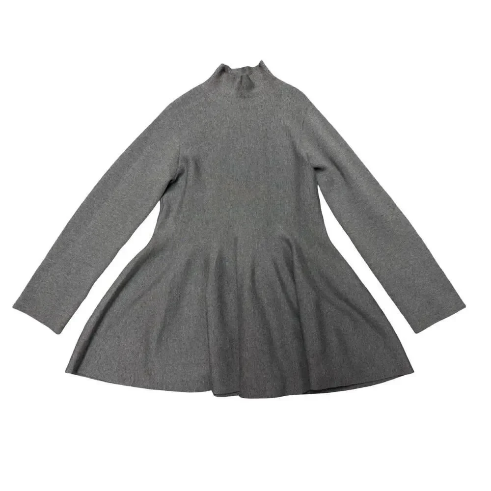 KHAITE Clarice Gray Wool Turtleneck Mini Dress L Fit Flare Luxe